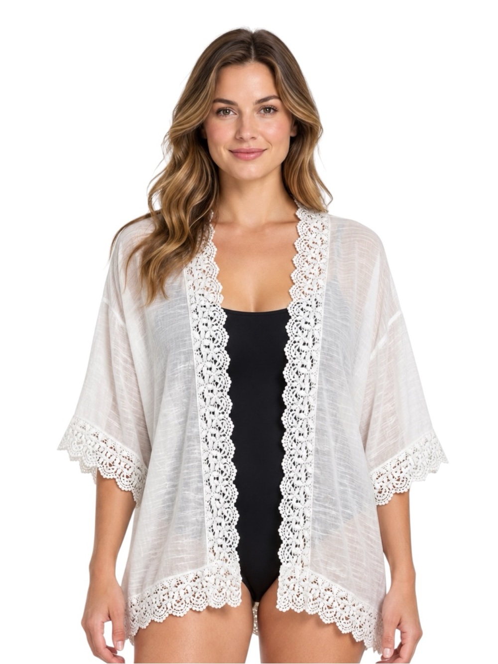 Laundry by Shelli Segal White Lace Trim Kimono Swim Cover Up One Size
